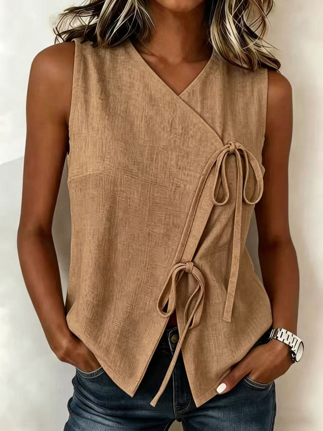 Breathable Women’s Sleeveless Top – Bow-Tied V-Neck, Cotton and Linen, Casual Wear