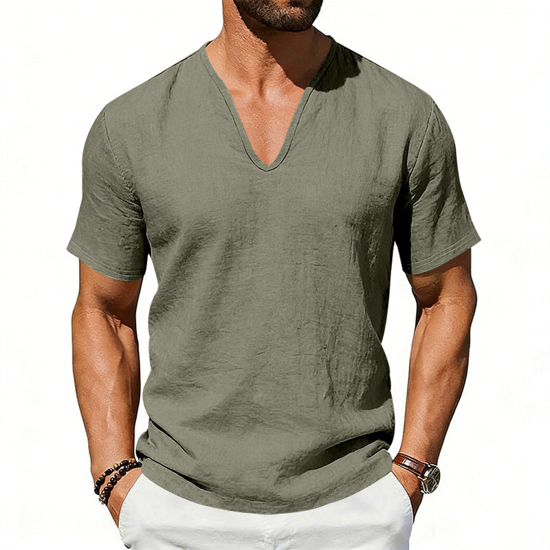 Breathable Men's Linen Short-Sleeve T-Shirt - V-Neck, 100% Linen, Casual Base Layer