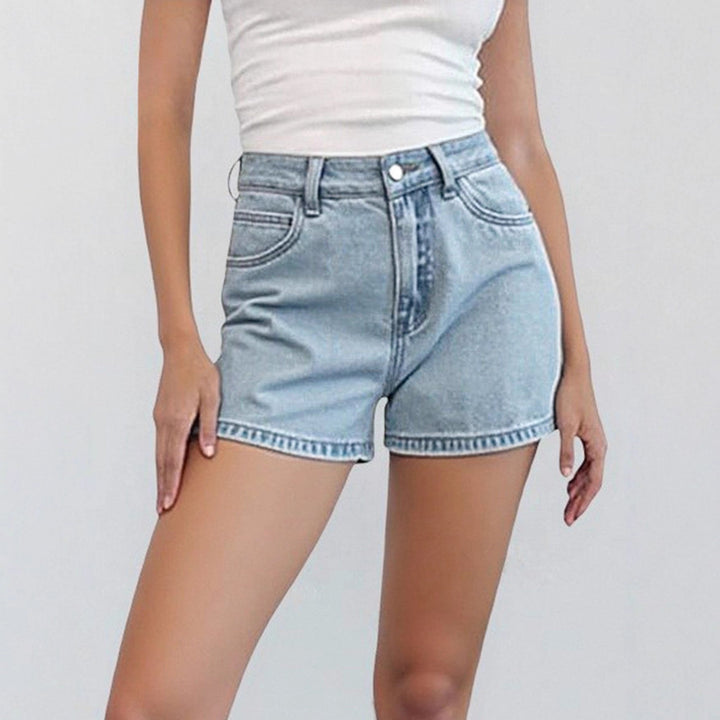 Stretchy Women’s Denim Shorts - High-Waist, Denim, Distressed Washed, Casual Everyday Wear