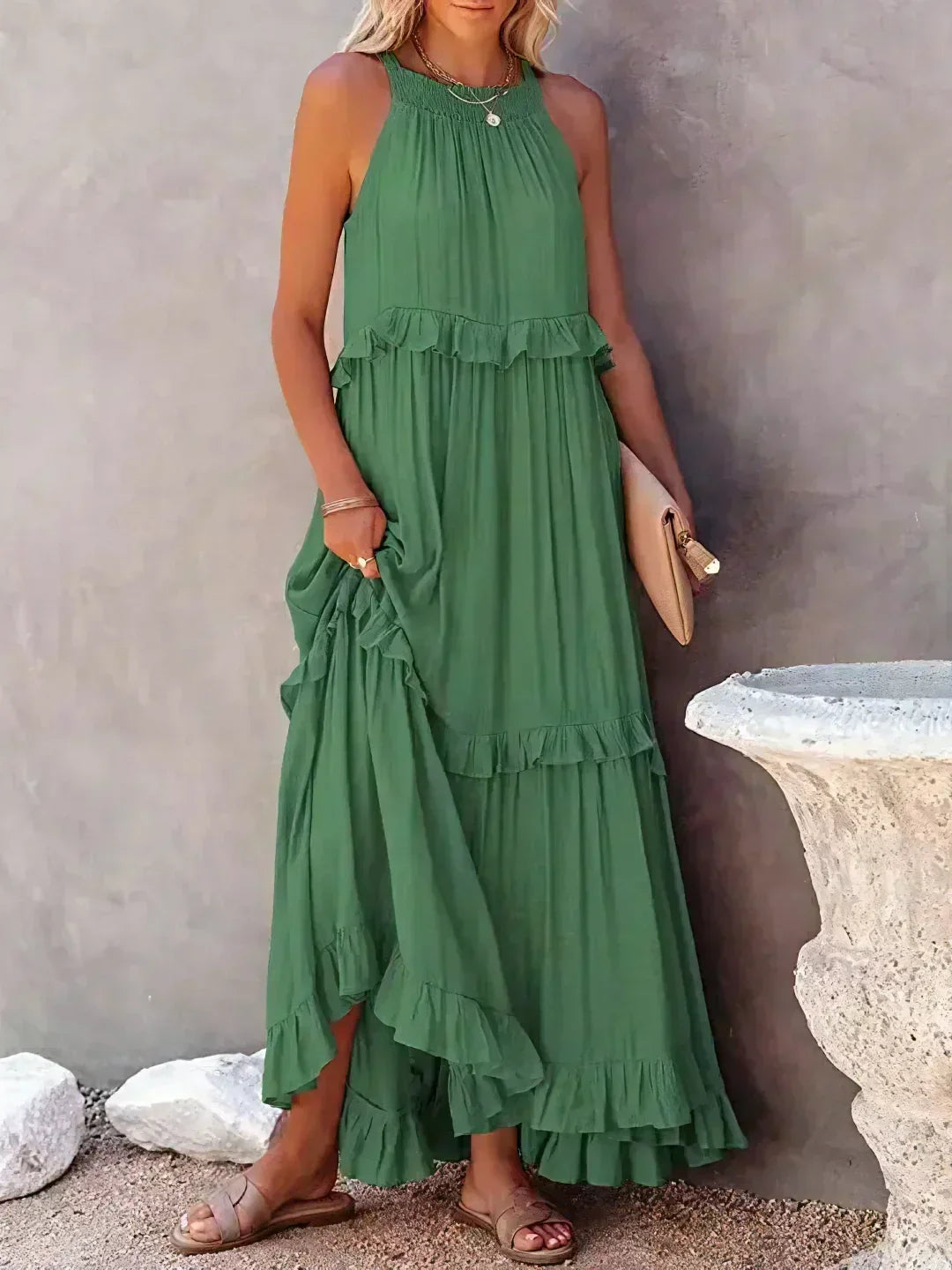 Elegant Halter Ruffle Floral Maxi Dress for Women, Lightweight Bohemian Long Dress, Flowing Fit