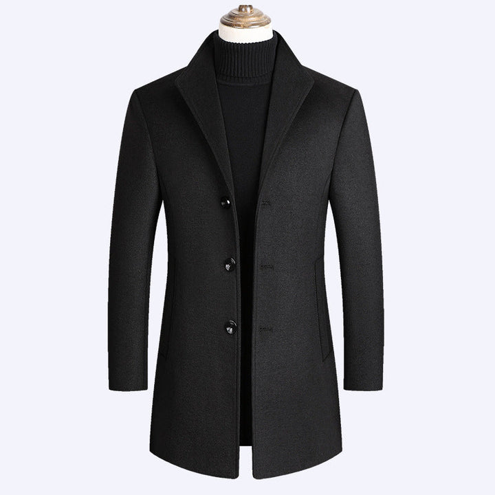 Warm Men’s Wool Coat - Single-Breasted Mid-Thigh, Winter