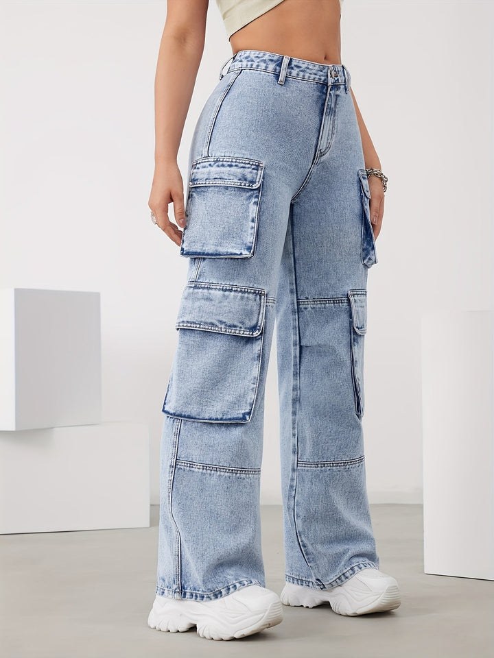 High-Waist Cargo Pants for Women in Medium Blue, Stretch Fabric, Straight-Leg Fit, Stylish Snowflake Design