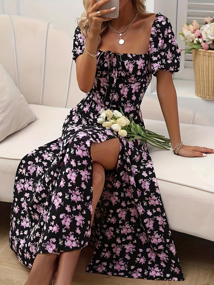 A-Line Floral Summer Dress with Puffed Sleeves for Women - Lightweight Formal Wedding Guest Dresses