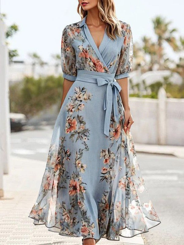 Elegant Midi Dress with Short Sleeves and V-Neck for Versatile Occasions