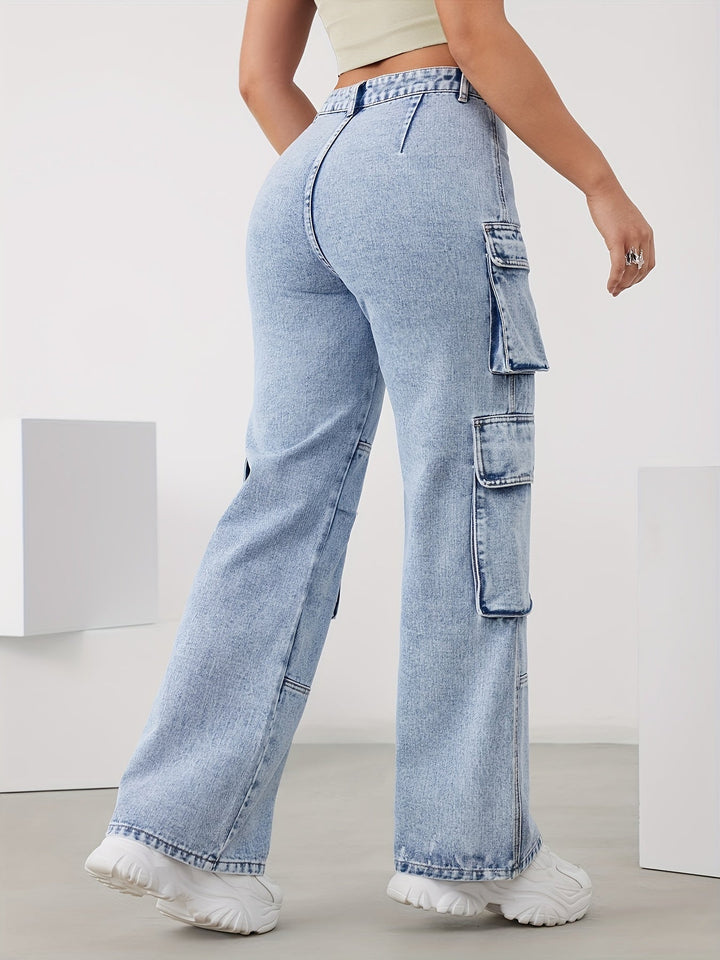 High-Waist Cargo Pants for Women in Medium Blue, Stretch Fabric, Straight-Leg Fit, Stylish Snowflake Design