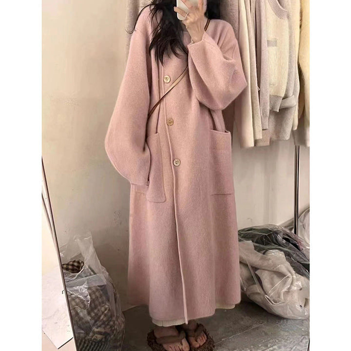 Warm Cozy Womens Wool Midlength Overcoat - Turtleneck Knit