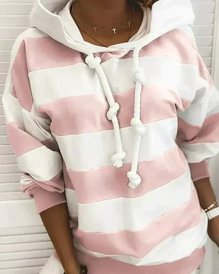 Soft Women’s Hooded Pullover - Striped Relaxed Cotton, Casual