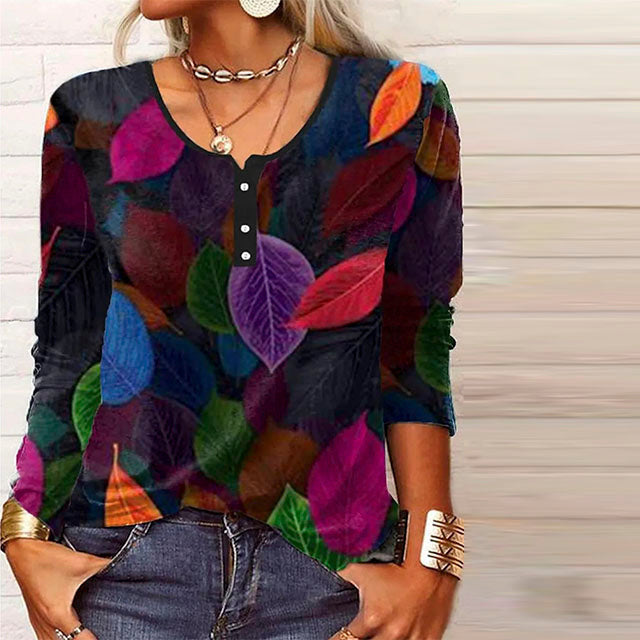 colorful Leaf Print Womens Blouse, V-Neck Cotton-Polyester Blend Top for Spring, Autumn, and Winter Wear