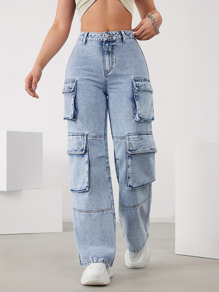 High-Waist Cargo Pants for Women in Medium Blue, Stretch Fabric, Straight-Leg Fit, Stylish Snowflake Design