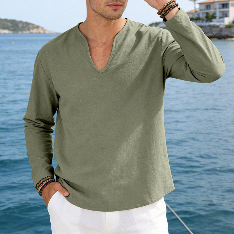 Breathable Men's Long-Sleeve T-Shirt – V-Neck Relaxed, Linen, Casual Everyday Wear