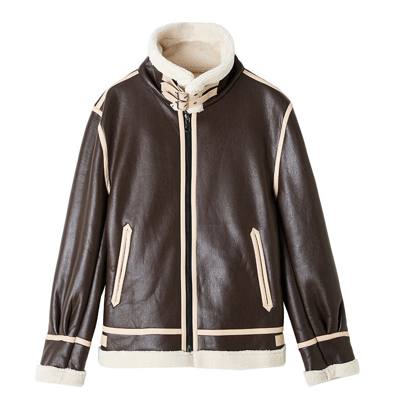 Warm Unisex Jacket - Shearling-Lined Faux Leather, Biker Style, Zip Front, For Winter Wear