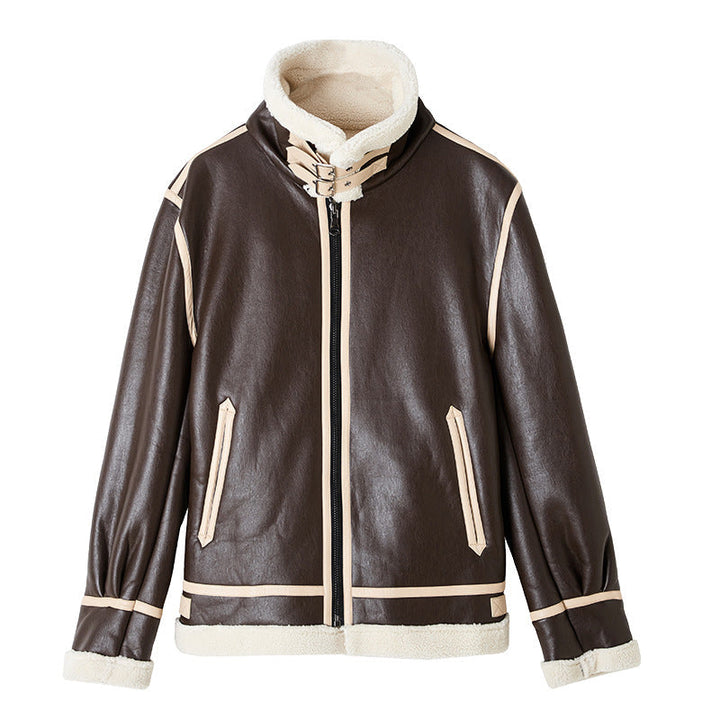 Warm Unisex Jacket - Shearling-Lined Faux Leather, Biker Style, Zip Front, For Winter Wear