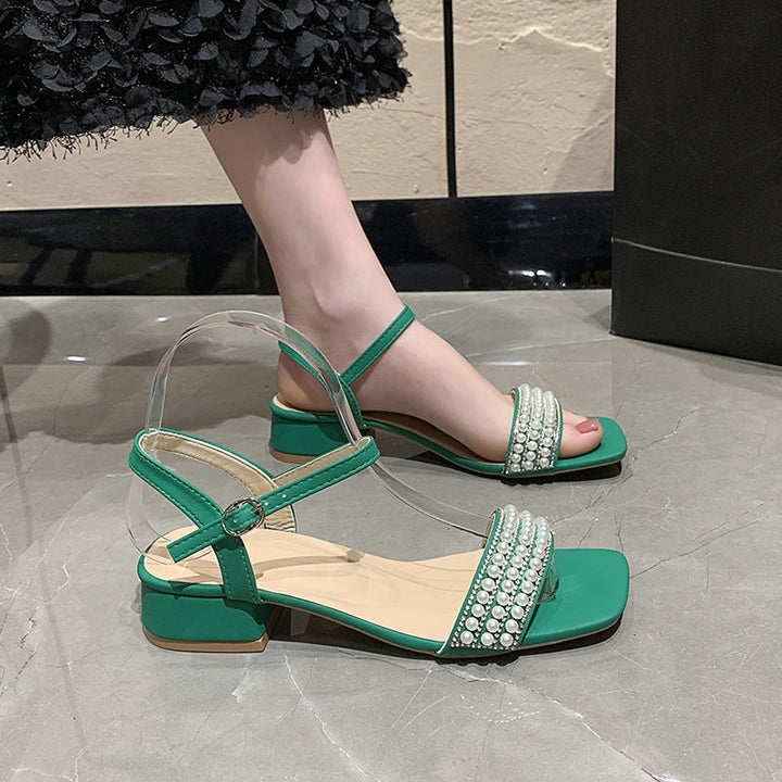 Lightweight Women’s Sandals - Mid-Heel Square Toe, Pearl-Embellished Straps, PU, For Summer