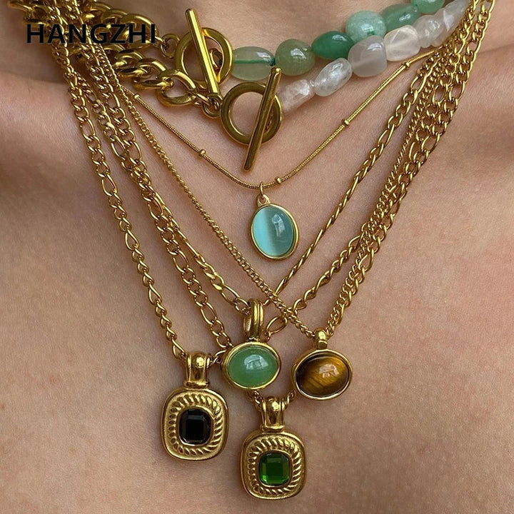 Layered Gold Tone Necklace Set With Resin Stone Pendants Boho Statement jewelry Gift Idea Fall 2026