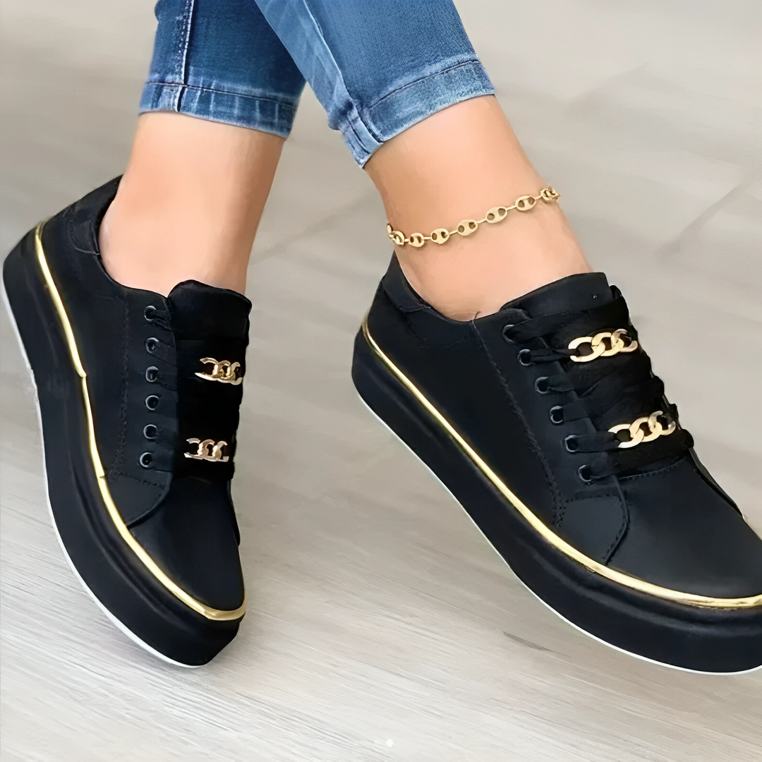 Trendy Black Low-Top Sneakers with Gold Accents for All-Day Comfort and Durable PU Leather Construction