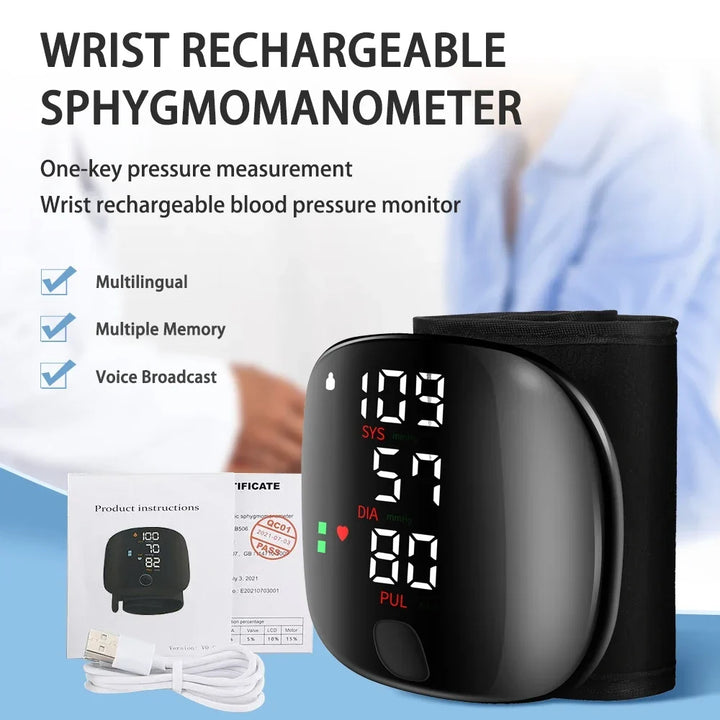 Automatic Digital Wrist Blood Pressure Monitor with Heart Rate Tracking and Smart Touch LCD Screen