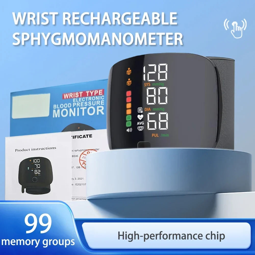 Automatic Digital Wrist Blood Pressure Monitor with Heart Rate Tracking and Smart Touch LCD Screen
