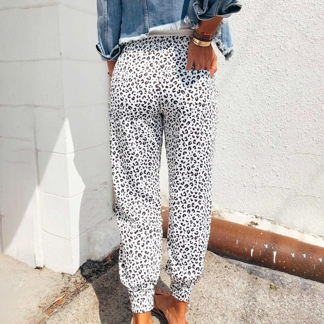 Breathable women’s jogger Pants – casual leopard print, polyester, for leisure activities