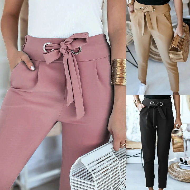 Lightweight &amp; flattering women’s high-waisted Pants – elastic polyester, for casual and office wear