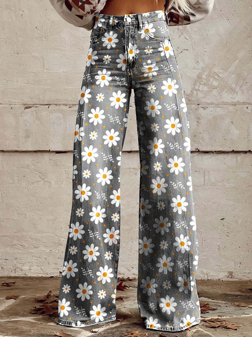 Comfortable women’s wide-leg jeans – floral print design, cotton blend, for casual outings