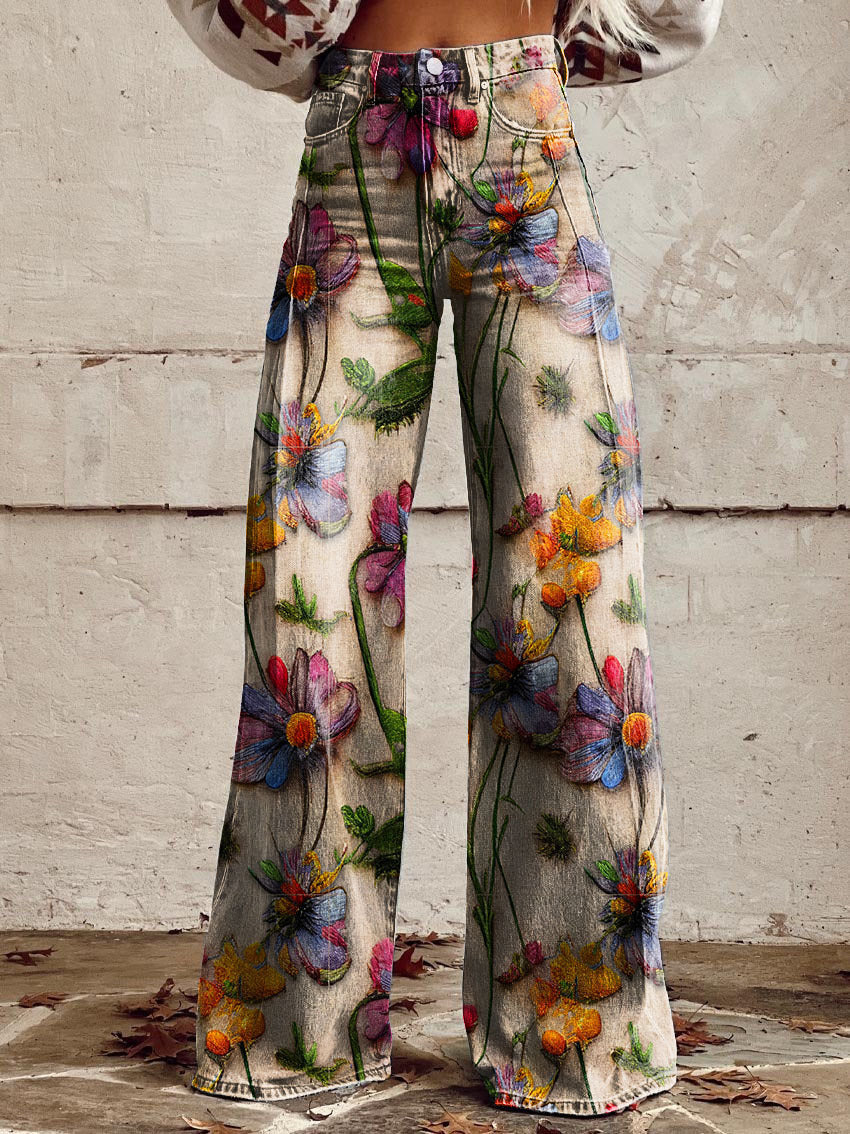 Comfortable women’s wide-leg jeans – floral print design, cotton blend, for casual outings