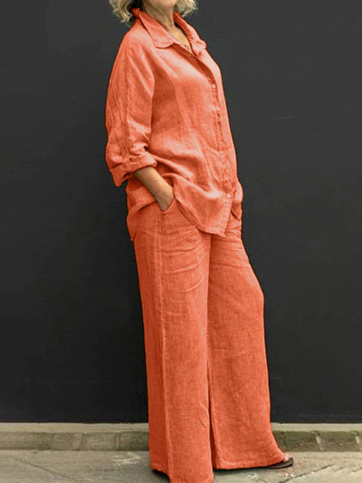 Breathable women’s linen set – relaxed top with matching wide-leg Pants, for everyday and special occasions
