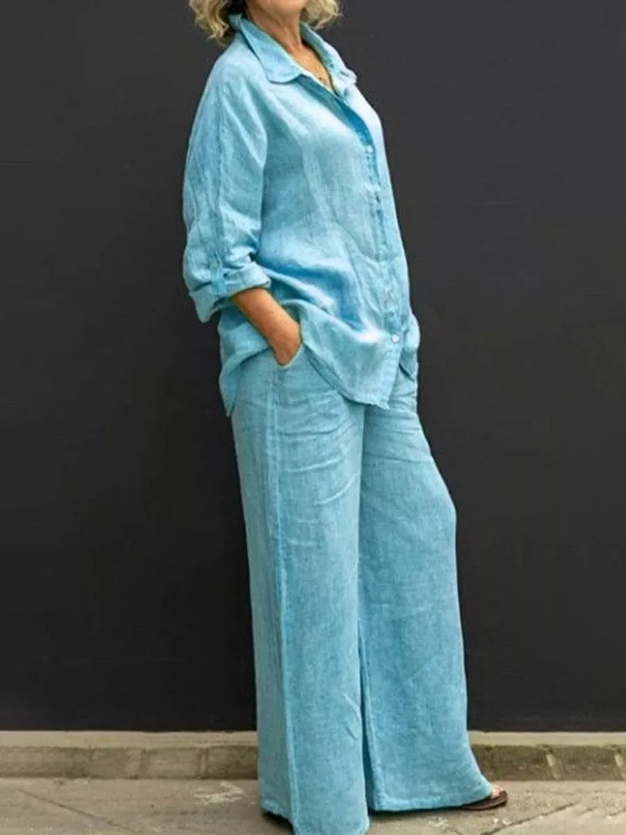 Breathable women’s linen set – relaxed top with matching wide-leg Pants, for everyday and special occasions
