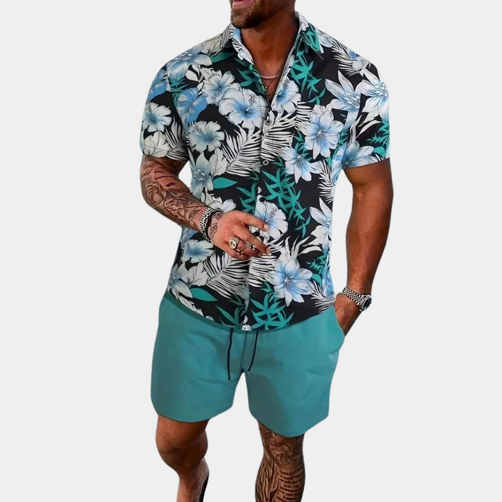 Breathable men’s floral set – short sleeve shirt and shorts, lightweight cotton, ideal for spring and summer