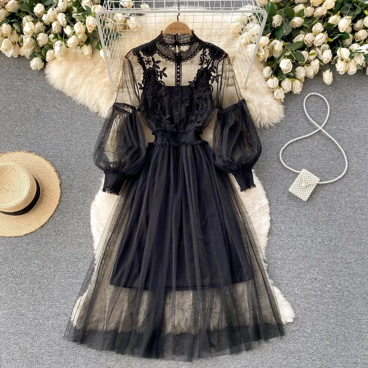 Elegant Floral Midi Dress for Women with Lantern Sleeves and Upright Collar - Perfect for Summer Parties and Special Occasions