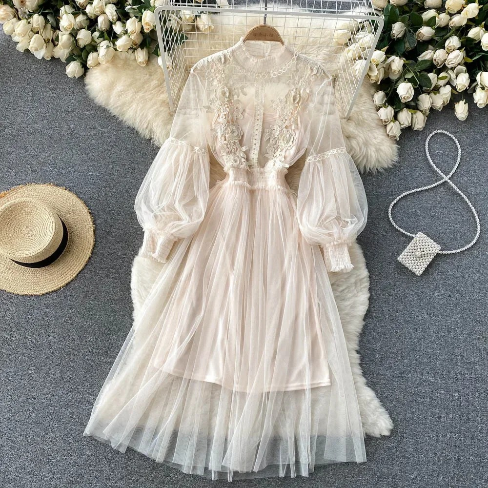 Elegant Floral Midi Dress for Women with Lantern Sleeves and Upright Collar - Perfect for Summer Parties and Special Occasions