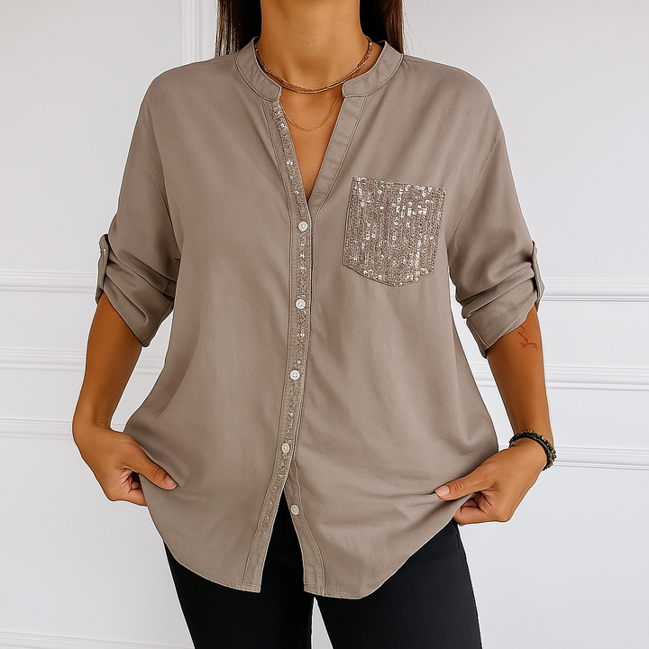 Casual Button Top with Sequins - Stylish Women&