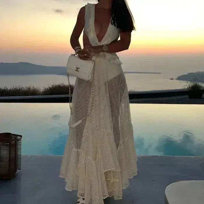 Off-White Chiffon Maxi Dress for Women with Open Back and Embellished Star Detail, Elegant Long Dress for Formal Occasions