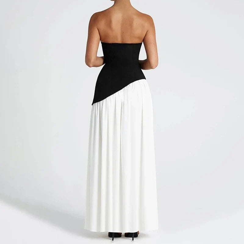 Elegant Strapless Maxi Dress with Patchwork Scarf Collar and High Split for Summer Evening Events
