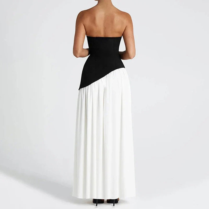 Elegant Strapless Maxi Dress with Patchwork Scarf Collar and High Split for Summer Evening Events