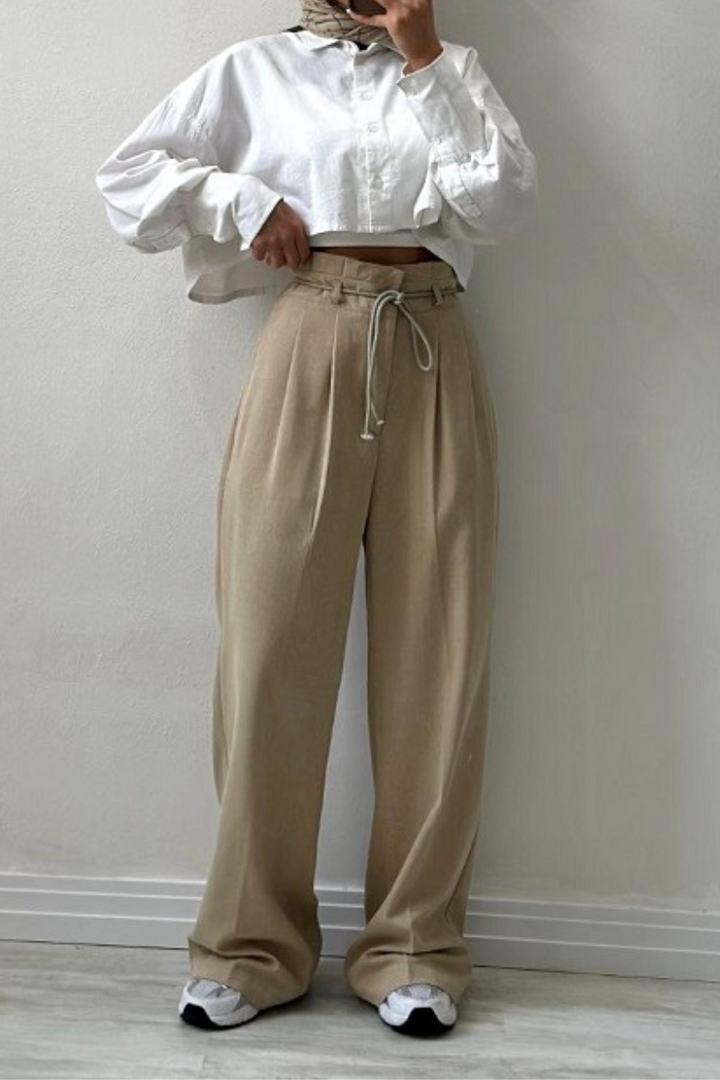 High-Waisted Pleated Pants for Women with Drawstring Waist, Cotton Blend, Regular Fit, Versatile Casual or Dressy Style