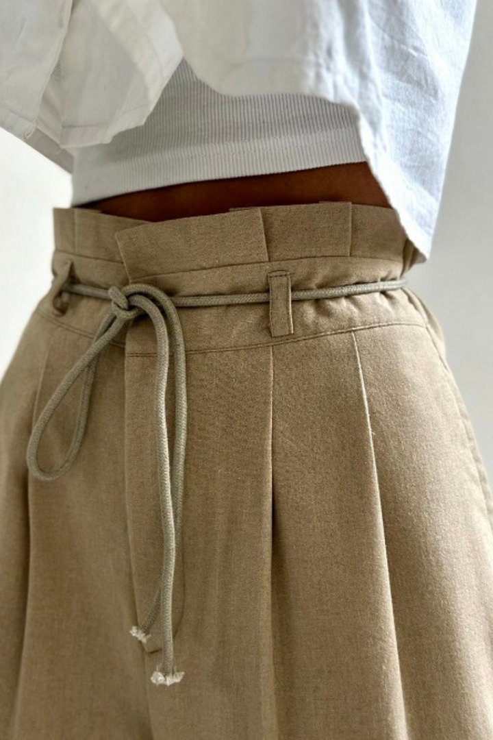 High-Waisted Pleated Pants for Women with Drawstring Waist, Cotton Blend, Regular Fit, Versatile Casual or Dressy Style