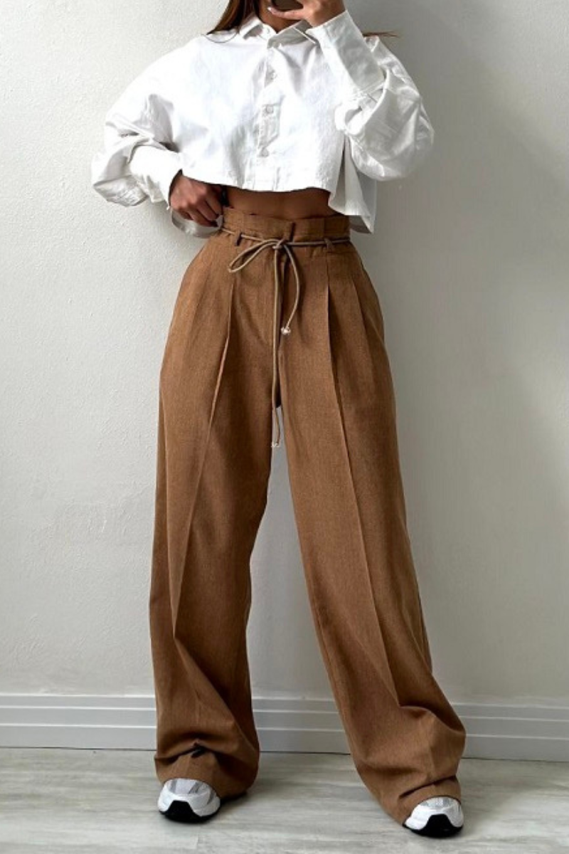 High-Waisted Pleated Pants for Women with Drawstring Waist, Cotton Blend, Regular Fit, Versatile Casual or Dressy Style