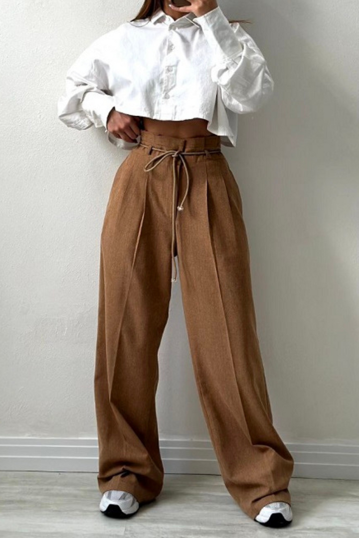 High-Waisted Pleated Pants for Women with Drawstring Waist, Cotton Blend, Regular Fit, Versatile Casual or Dressy Style