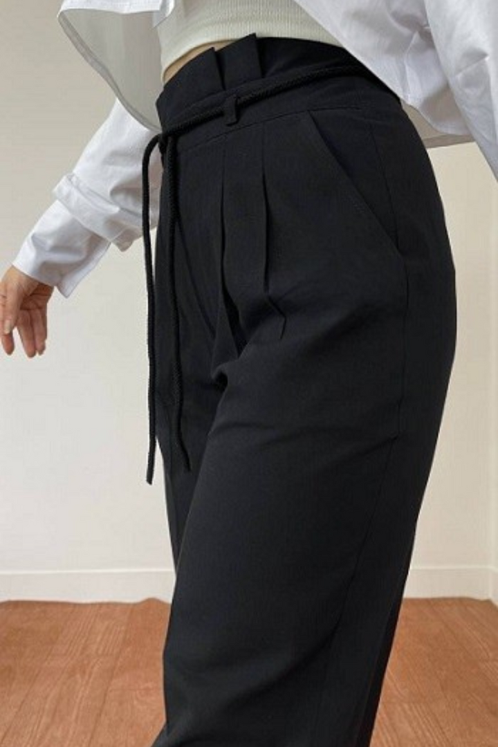 High-Waisted Pleated Pants for Women with Drawstring Waist, Cotton Blend, Regular Fit, Versatile Casual or Dressy Style