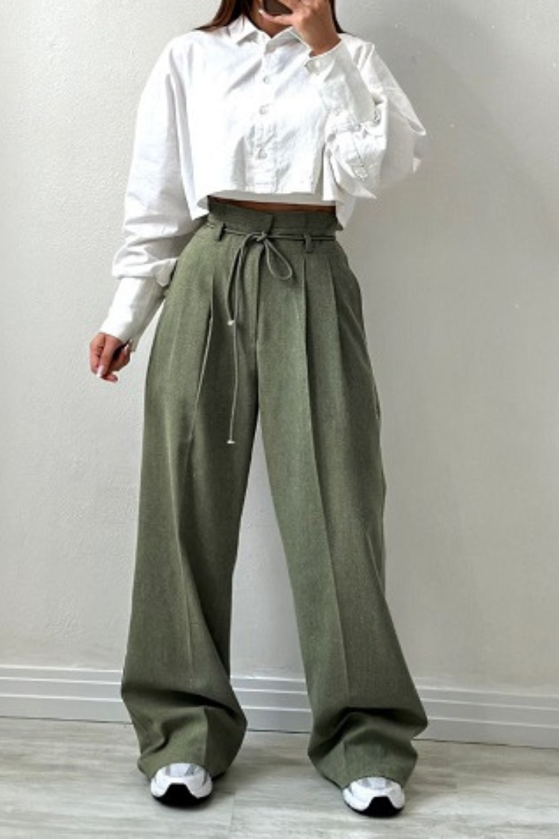 High-Waisted Pleated Pants for Women with Drawstring Waist, Cotton Blend, Regular Fit, Versatile Casual or Dressy Style