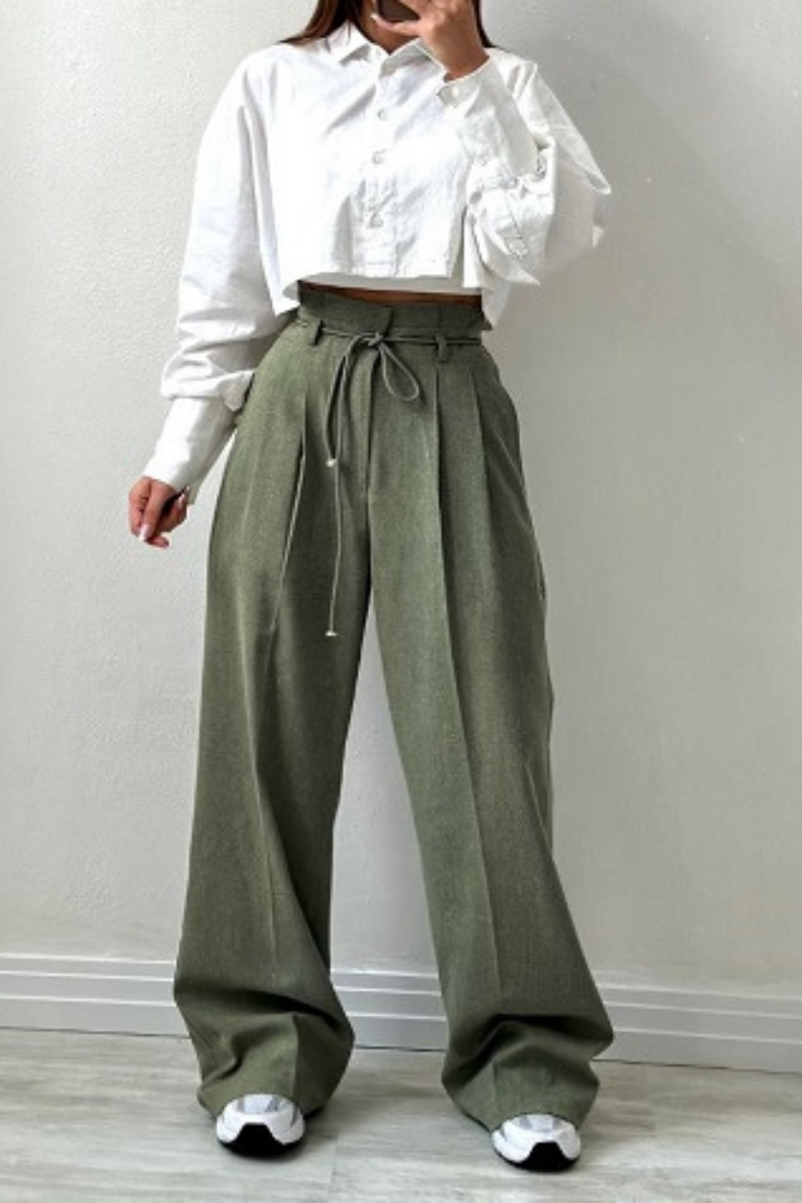 High-Waisted Pleated Pants for Women with Drawstring Waist, Cotton Blend, Regular Fit, Versatile Casual or Dressy Style
