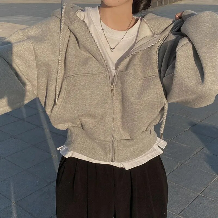 Oversized Cozy Women Zip Hoodie - Relaxed Cropped Cotton