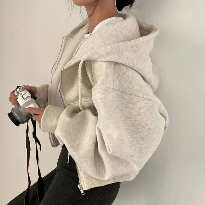 Oversized Cozy Women Zip Hoodie - Relaxed Cropped Cotton