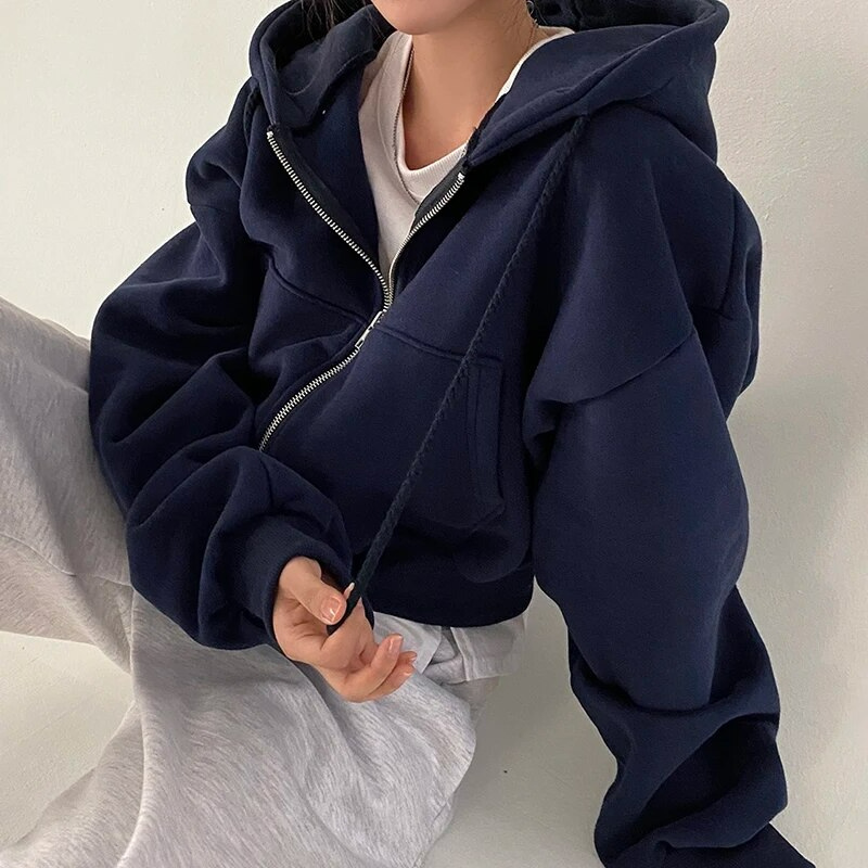 Oversized Cozy Women Zip Hoodie - Relaxed Cropped Cotton