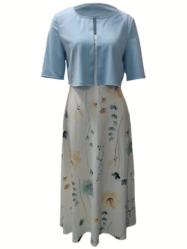 Flowy women’s maxi dress – fitted floral skirt with solid crop top, for weddings or special occasions