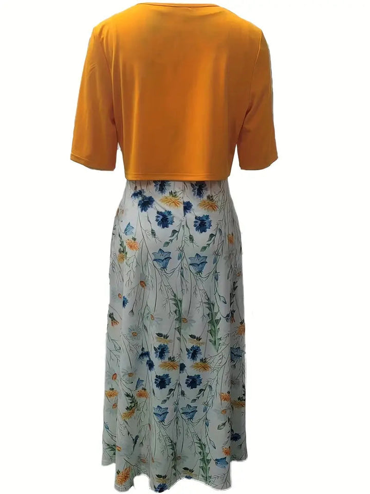 Flowy women’s maxi dress – fitted floral skirt with solid crop top, for weddings or special occasions