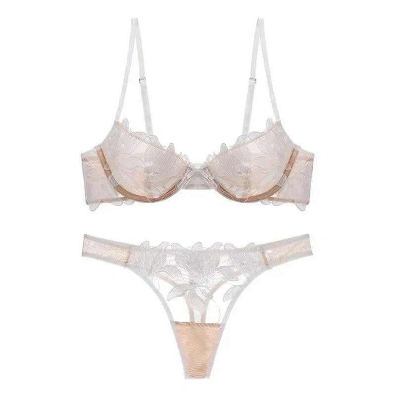 Florisse Mesh Lingerie Set with Floral Embroidery, Underwire Bra and Matching Thong, Sheer Black or Beige Sexy Lingerie Sets