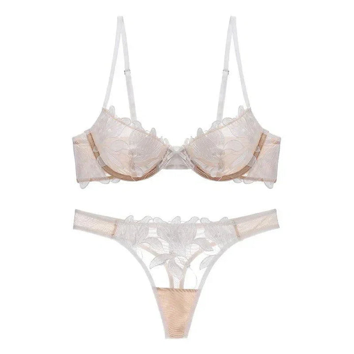 Florisse Mesh Lingerie Set with Floral Embroidery, Underwire Bra and Matching Thong, Sheer Black or Beige Sexy Lingerie Sets