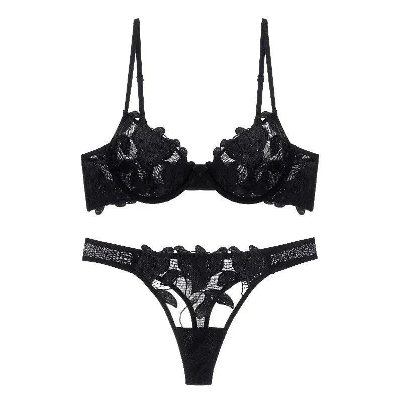 Florisse Mesh Lingerie Set with Floral Embroidery, Underwire Bra and Matching Thong, Sheer Black or Beige Sexy Lingerie Sets