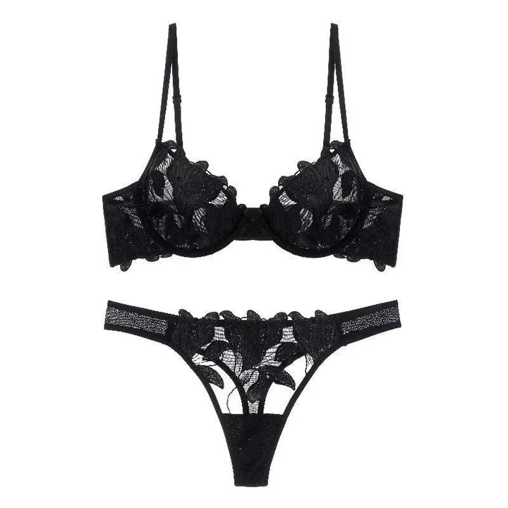 Florisse Mesh Lingerie Set with Floral Embroidery, Underwire Bra and Matching Thong, Sheer Black or Beige Sexy Lingerie Sets